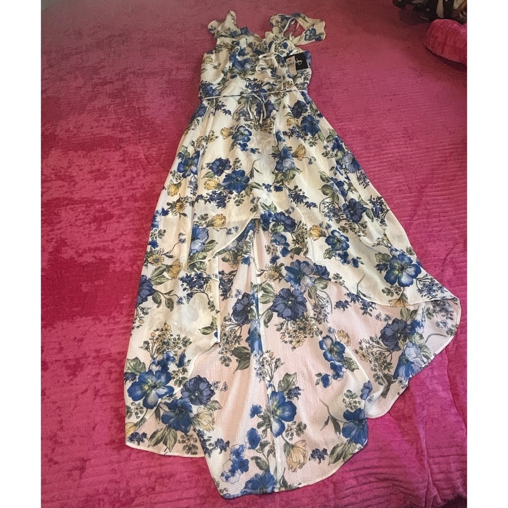 Amaryllis Blue Floral High-Low dress with Cream
